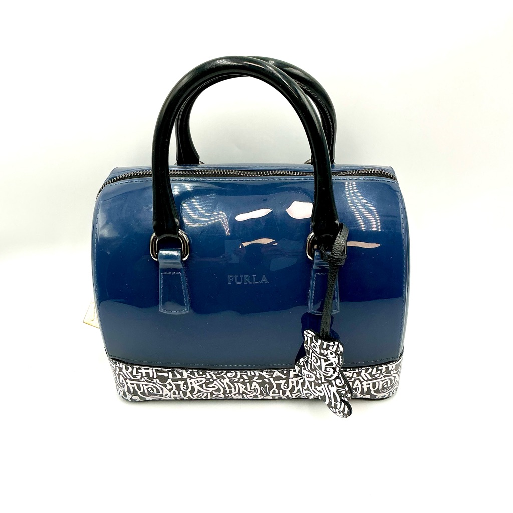 Furla- Blue Patent Satchel With Black Handles And Monogram Graffiti Trim